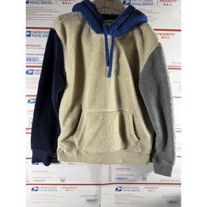American Eagle Navy Tan Gray Color Block Sherpa Fleece Men's Hoodie Size S